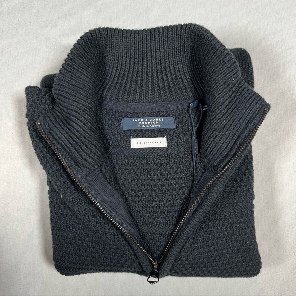 Jack & Jones Premium Fisherman Knit 1/4 Zip Sweater Dark Grey Men’s - Picture 6 of 7